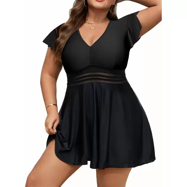 imageArolina Womens Plus Size Tankini Swimsuits Swim Dress Mesh Bathing Suits Two Piece Ruffle V Neck Swimwear with Swim ShortsBlack