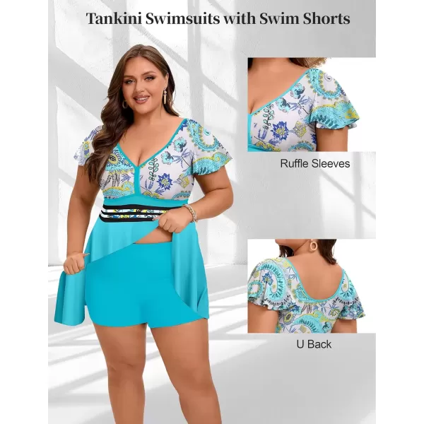 imageArolina Womens Plus Size Tankini Swimsuits Swim Dress Mesh Bathing Suits Two Piece Ruffle V Neck Swimwear with Swim ShortsBlue Paisley