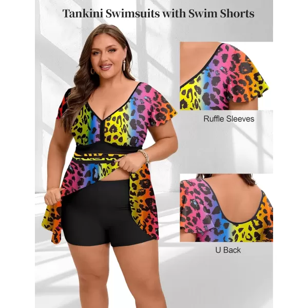 imageArolina Womens Plus Size Tankini Swimsuits Swim Dress Mesh Bathing Suits Two Piece Ruffle V Neck Swimwear with Swim ShortsLeopard