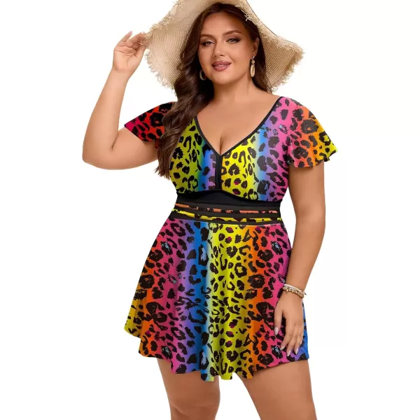imageArolina Womens Plus Size Tankini Swimsuits Swim Dress Mesh Bathing Suits Two Piece Ruffle V Neck Swimwear with Swim ShortsLeopard