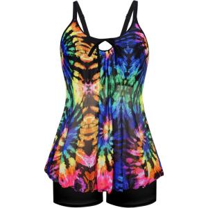 imageArolina Womens Plus Size Tankini Swimsuits Mesh Modest Two Piece Bathing Suits with Shorts Front Tie Flowing SwimwearMulticolor Tie Dye