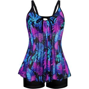 imageArolina Womens Plus Size Tankini Swimsuits Mesh Modest Two Piece Bathing Suits with Shorts Front Tie Flowing SwimwearPurple Pineapple