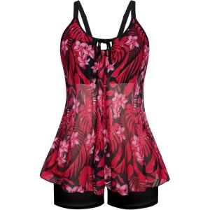 imageArolina Womens Plus Size Tankini Swimsuits Mesh Modest Two Piece Bathing Suits with Shorts Front Tie Flowing SwimwearRed Leaf