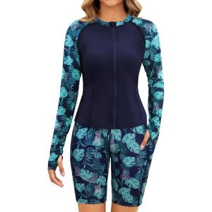 imageArolina Rash Guard for Women 3 Piece Swimsuits for Women 2025 Long Sleeve Bathing Suit Swim Shirts with BoyshortsBlue Navy