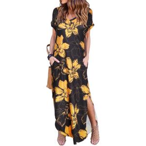 imageArolina Womens Summer Maxi Dress Short Sleeve V Neck Casual Loose Long Beach Split Dresses with PocketsBlackgoldflower