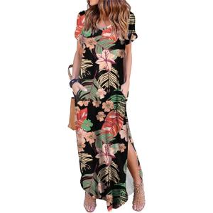 imageArolina Womens Summer Maxi Dress Short Sleeve V Neck Casual Loose Long Beach Split Dresses with PocketsColorful Summer