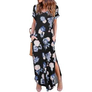 imageArolina Womens Summer Maxi Dress Short Sleeve V Neck Casual Loose Long Beach Split Dresses with PocketsPink Rose