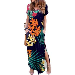 imageArolina Womens Summer Maxi Dress Short Sleeve V Neck Casual Loose Long Beach Split Dresses with PocketsRosy Orange Flower