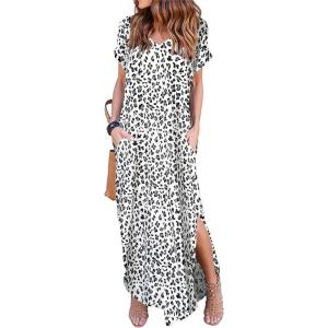 imageArolina Womens Summer Maxi Dress Short Sleeve V Neck Casual Loose Long Beach Split Dresses with PocketsWhite