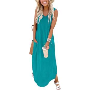 imageArolina Maxi Dress for Women Tropical Summer V Neck Sleeveless Split Long Beach Dresses Casual Loose Sundress with PocketsA Teal Blue