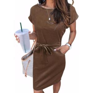 imageArolina Womens Summer Short Sleeve Striped T Shirt Dress Casual Midi Dresses Crewneck Tie Waist with PocketsCoffee