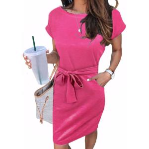 imageArolina Womens Summer Short Sleeve Striped T Shirt Dress Casual Midi Dresses Crewneck Tie Waist with PocketsHot Pink