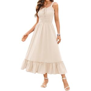 imageArolina Womens Summer Floral Boho Dress 2025 Square Neck Maxi Dresses Solid Color Ruffle Beach Vacation Long SundressBeige