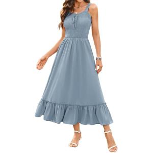 imageArolina Womens Summer Floral Boho Dress 2025 Square Neck Maxi Dresses Solid Color Ruffle Beach Vacation Long SundressBlue