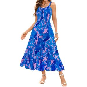 imageArolina Womens Summer Floral Boho Dress 2025 Square Neck Maxi Dresses Solid Color Ruffle Beach Vacation Long SundressBlue Flower