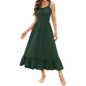 imageArolina Womens Summer Floral Boho Dress 2025 Square Neck Maxi Dresses Solid Color Ruffle Beach Vacation Long SundressDark Dreen