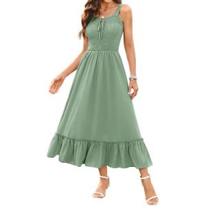 imageArolina Womens Summer Floral Boho Dress 2025 Square Neck Maxi Dresses Solid Color Ruffle Beach Vacation Long SundressGreen