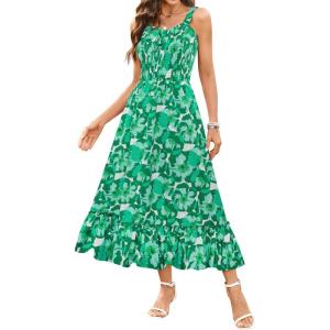 imageArolina Womens Summer Floral Boho Dress 2025 Square Neck Maxi Dresses Solid Color Ruffle Beach Vacation Long SundressGreen Flower