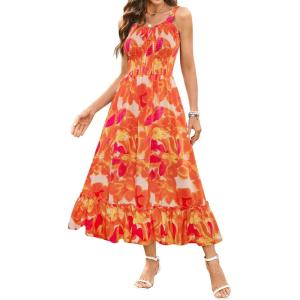 imageArolina Womens Summer Floral Boho Dress 2025 Square Neck Maxi Dresses Solid Color Ruffle Beach Vacation Long SundressOrange Flower