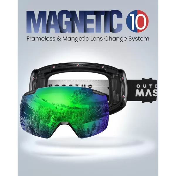 OutdoorMaster Heron Ski Goggles with 2 Lens Frameless Magnetic Interchangeable HD Toric Lens OTG Snowboard GogglesAblackfram Revogreen Vlt 15  Yellowlens