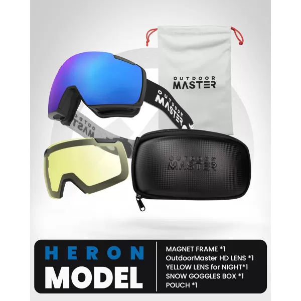 OutdoorMaster Heron Ski Goggles with 2 Lens Frameless Magnetic Interchangeable HD Toric Lens OTG Snowboard GogglesAblackframe Revoblue Vlt 15  Yellowlens