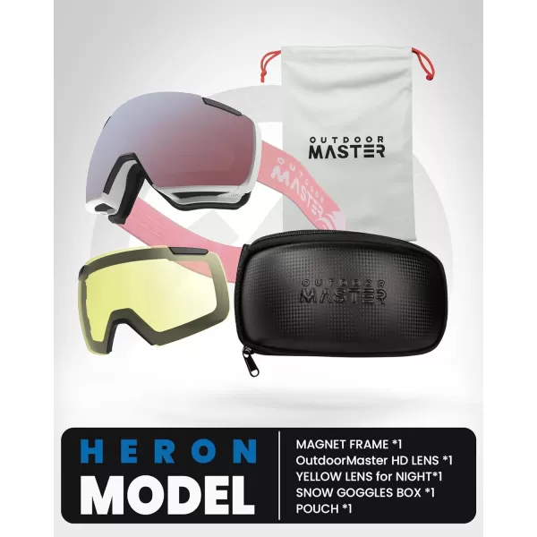 OutdoorMaster Heron Ski Goggles with 2 Lens Frameless Magnetic Interchangeable HD Toric Lens OTG Snowboard GogglesAwhiteframe Rose Vlt 28  Yellowlens
