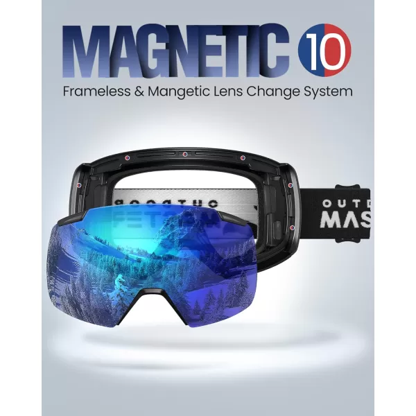 OutdoorMaster Heron Ski Goggles with 2 Lens Frameless Magnetic Interchangeable HD Toric Lens OTG Snowboard GogglesLensblue Vlt 38