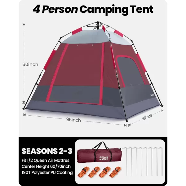 OutdoorMaster Tents 468 Person Camping Tent with Dark Space Technology Easy Setup in 60 Seconds Weatherproof Pop Up Tent for Camping with Top Rainfly Instant Cabin TentBlack Red