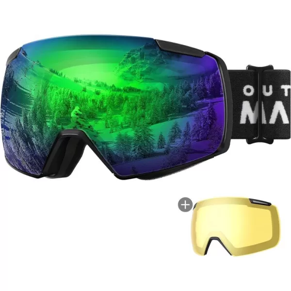 OutdoorMaster Heron Ski Goggles with 2 Lens Frameless Magnetic Interchangeable HD Toric Lens OTG Snowboard GogglesAblackfram Revogreen Vlt 15  Yellowlens