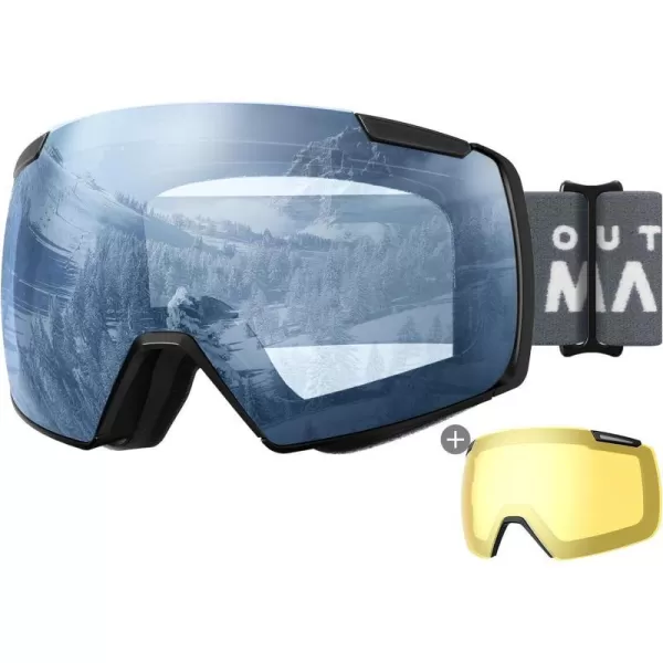 OutdoorMaster Heron Ski Goggles with 2 Lens Frameless Magnetic Interchangeable HD Toric Lens OTG Snowboard GogglesAblackframe Lightblue Vlt 87  Yellowlens