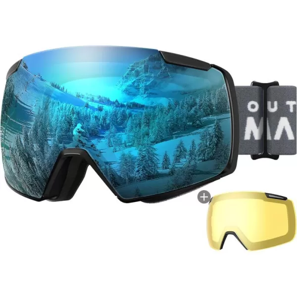 OutdoorMaster Heron Ski Goggles with 2 Lens Frameless Magnetic Interchangeable HD Toric Lens OTG Snowboard GogglesAblackframe Revoblue Vlt 10  Yellowlens