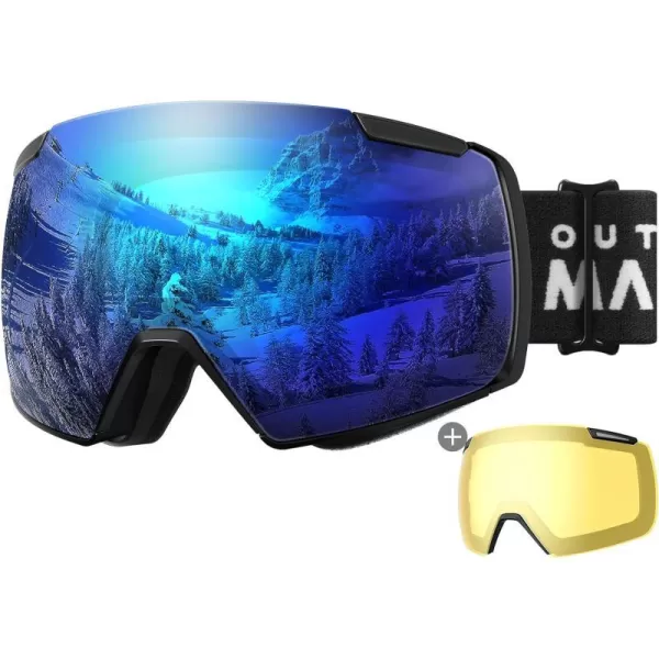 OutdoorMaster Heron Ski Goggles with 2 Lens Frameless Magnetic Interchangeable HD Toric Lens OTG Snowboard GogglesAblackframe Revoblue Vlt 15  Yellowlens