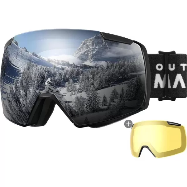 OutdoorMaster Heron Ski Goggles with 2 Lens Frameless Magnetic Interchangeable HD Toric Lens OTG Snowboard GogglesAblackframe Silver Vlt 10  Yellowlens