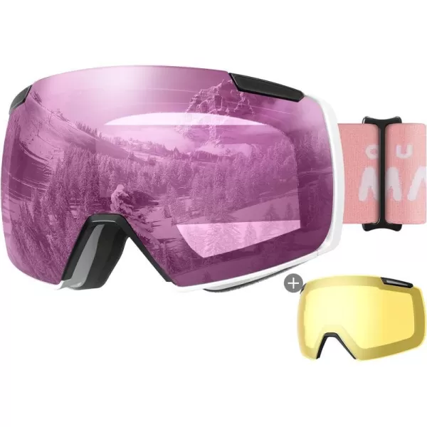 OutdoorMaster Heron Ski Goggles with 2 Lens Frameless Magnetic Interchangeable HD Toric Lens OTG Snowboard GogglesAwhiteframe Pink Vlt 46  Yellowlens