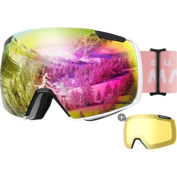 OutdoorMaster Heron Ski Goggles with 2 Lens Frameless Magnetic Interchangeable HD Toric Lens OTG Snowboard GogglesAwhiteframe Revopink Vlt 13  Yellowlens