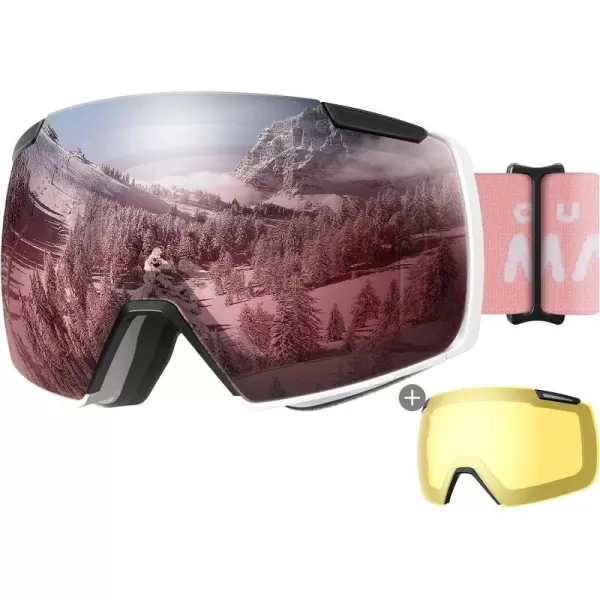 OutdoorMaster Heron Ski Goggles with 2 Lens Frameless Magnetic Interchangeable HD Toric Lens OTG Snowboard GogglesAwhiteframe Rose Vlt 28  Yellowlens