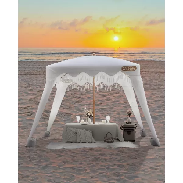 OutdoorMaster Beach Cabana with Fringe Portable 6 x 6 Beach Canopy Easy Set Up Beach Shelter Included Side Wall UPF 50 UV Protection Sun Umbrella  for Kids Family  Friends Romantic WhiteRomantic White