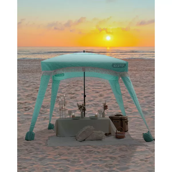 OutdoorMaster Beach Cabana with Fringe Portable 6 x 6 Beach Canopy Easy Set Up Beach Shelter Included Side Wall UPF 50 UV Protection Sun Umbrella  for Kids Family  Friends Romantic WhiteStripes