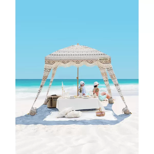 OutdoorMaster Beach Cabana with Fringe Portable 6 x 6 Beach Canopy Easy Set Up Beach Shelter Included Side Wall UPF 50 UV Protection Sun Umbrella  for Kids Family  Friends Romantic WhiteRetro Brown