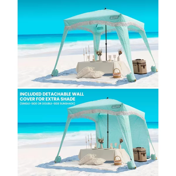 OutdoorMaster Beach Cabana with Fringe Portable 6 x 6 Beach Canopy Easy Set Up Beach Shelter Included Side Wall UPF 50 UV Protection Sun Umbrella  for Kids Family  Friends Romantic WhiteStripes