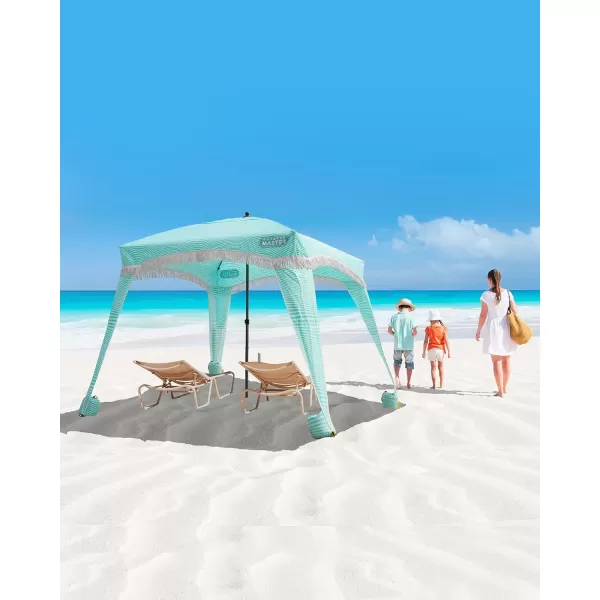 OutdoorMaster Beach Cabana with Fringe Portable 6 x 6 Beach Canopy Easy Set Up Beach Shelter Included Side Wall UPF 50 UV Protection Sun Umbrella  for Kids Family  Friends Romantic WhiteStripes