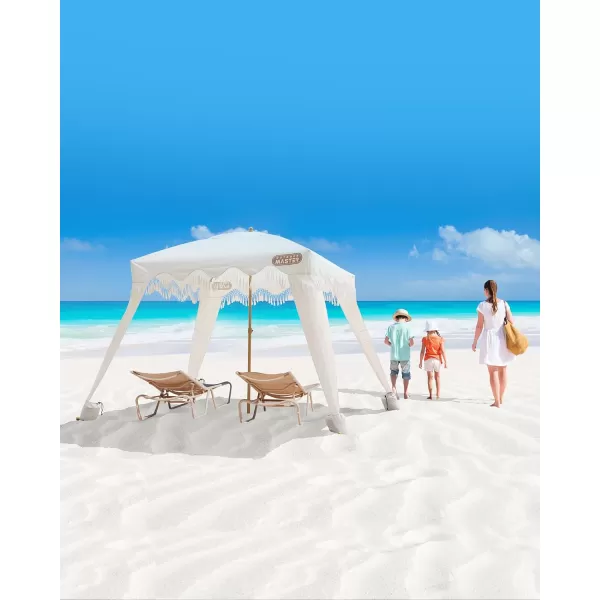 OutdoorMaster Beach Cabana with Fringe Portable 6 x 6 Beach Canopy Easy Set Up Beach Shelter Included Side Wall UPF 50 UV Protection Sun Umbrella  for Kids Family  Friends Romantic WhiteRomantic White