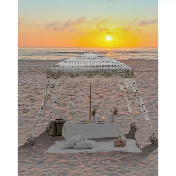 OutdoorMaster Beach Cabana with Fringe Portable 6 x 6 Beach Canopy Easy Set Up Beach Shelter Included Side Wall UPF 50 UV Protection Sun Umbrella  for Kids Family  Friends Romantic WhiteRetro Brown