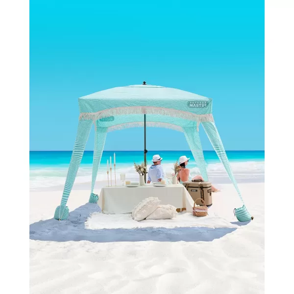 OutdoorMaster Beach Cabana with Fringe Portable 6 x 6 Beach Canopy Easy Set Up Beach Shelter Included Side Wall UPF 50 UV Protection Sun Umbrella  for Kids Family  Friends Romantic WhiteStripes