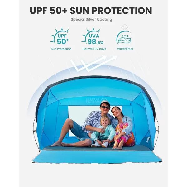 OutdoorMaster Beach Tent for 34 Person  Easy Setup and Portable Beach Shade Sun Shelter Canopy with UPF 50 UV Protection Removable Skylight Family SizeBlueBlue