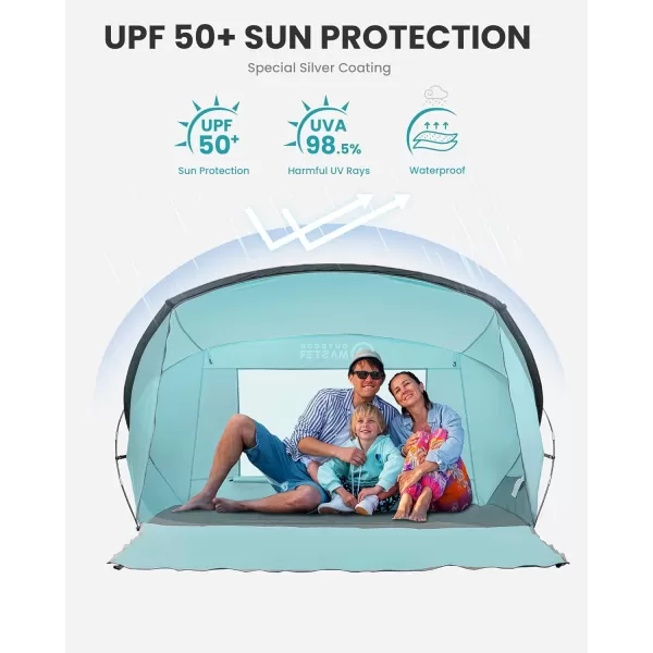 OutdoorMaster Beach Tent for 34 Person  Easy Setup and Portable Beach Shade Sun Shelter Canopy with UPF 50 UV Protection Removable Skylight Family SizeBlueGreen