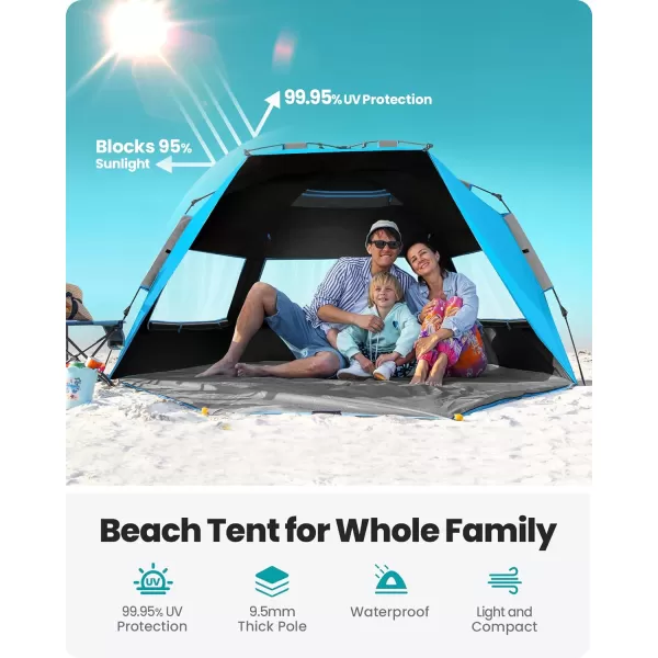 OutdoorMaster Beach Tent with Blackout Shelter Technology Portable Sun Shade Shelter 4 Person Pop Up Beach Tents with UPF 50 UV Protection 95mm Thick Pole 3 Ventilating Mesh Windows BlueBlue