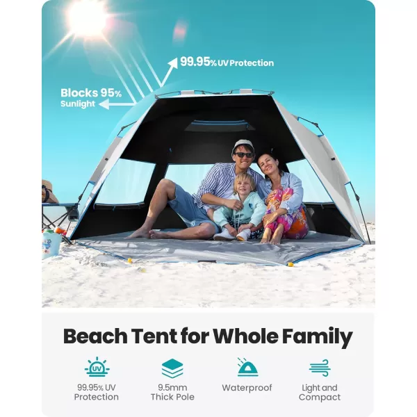 OutdoorMaster Beach Tent with Blackout Shelter Technology Portable Sun Shade Shelter 4 Person Pop Up Beach Tents with UPF 50 UV Protection 95mm Thick Pole 3 Ventilating Mesh Windows BlueOcracoke Coast