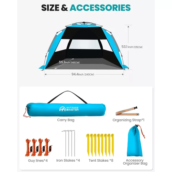 OutdoorMaster Beach Tent with Blackout Shelter Technology Portable Sun Shade Shelter 4 Person Pop Up Beach Tents with UPF 50 UV Protection 95mm Thick Pole 3 Ventilating Mesh Windows BlueBlue