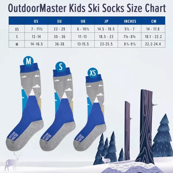 OutdoorMaster Kids Ski Socks  Merino Wool Blend Over the Calf Design wNonSlip CuffBlue Mountains  2 Pack